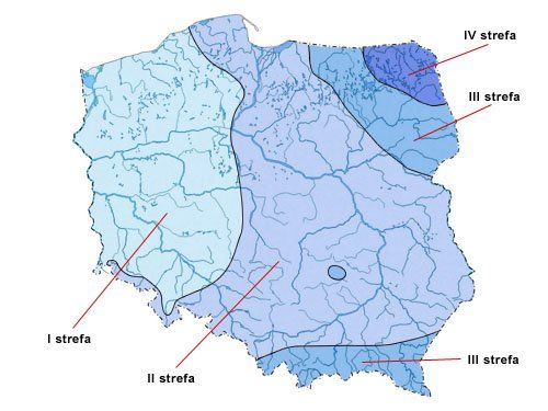 Rys. 1. Głębokość przemarzania gruntu w strefach klimatycznych Polski i związana z tym odpowiednia głębokość, na jakiej należy układać instalację wodnokanalizacyjną.