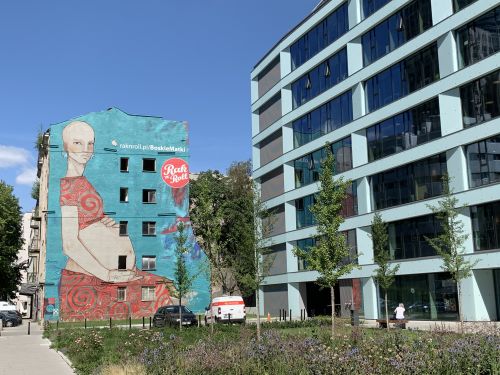 Stara zabudowa ulicy Wroniej z ciekawym graffiti sąsiaduje z budynkami Browarów Warszawskich